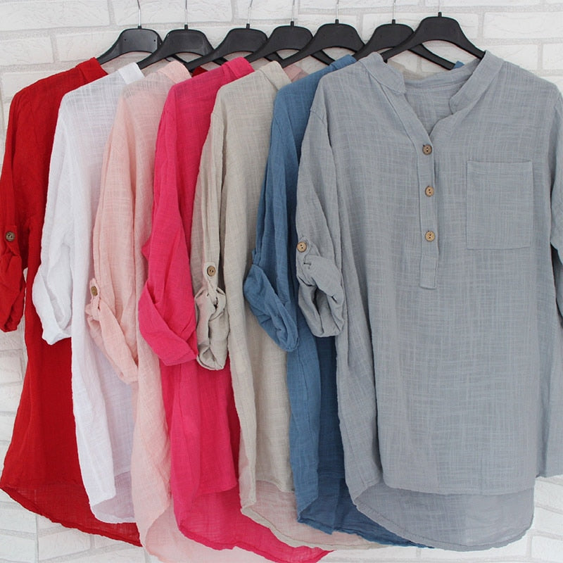 Womens algodão linho gola camisa roupas plus size 5x