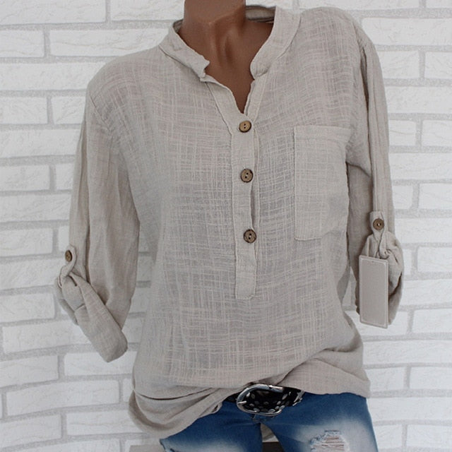 Womens algodão linho gola camisa roupas plus size 5x