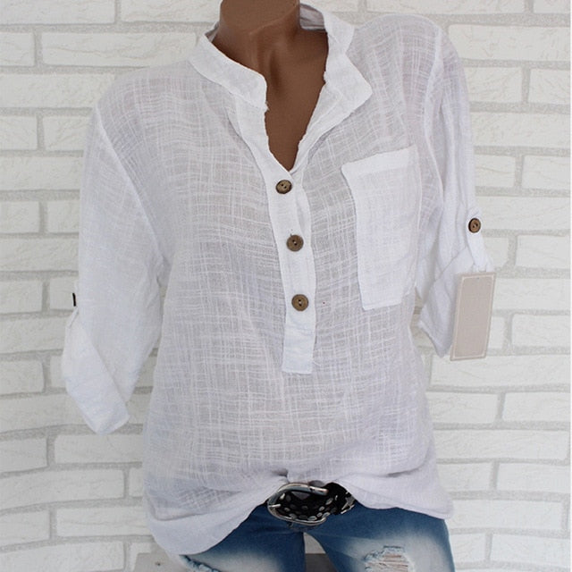 Womens algodão linho gola camisa roupas plus size 5x