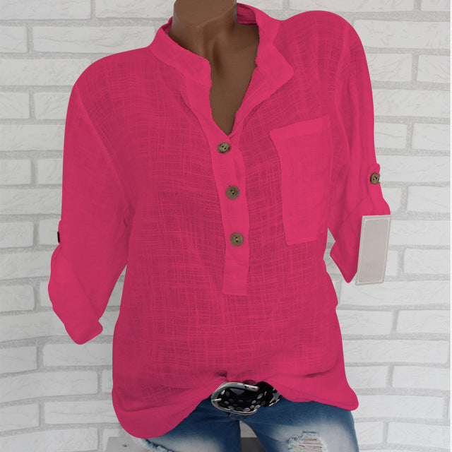 Womens algodão linho gola camisa roupas plus size 5x